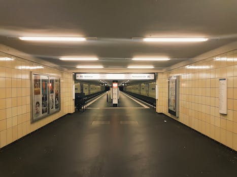 Deserted hallway of a Berlin subway station with yellow tiles and bright lighting.